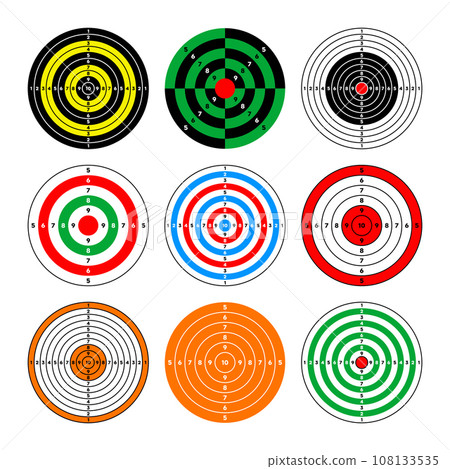 Shooting range paper targets. Round target with divisions, marks and numbers. Archery, gun shooting practise and training, sport competition and hunting. Bullseye and aim. Vector illustration Shooting range paper targets. Round target with divisions, marks and numbers. Archery, gun shooting practise and training, sport competition and hunting. Bullseye and aim. Vector illustration 108133535