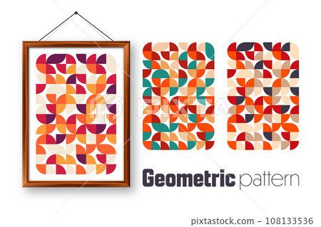 Picture frame with geometric trendy pattern, Bauhaus style. Modern background, simple elements. Retro texture, basic geometric shapes. Print design, minimalist poster cover. Vector illustration Picture frame with geometric trendy pattern, Bauhaus style. Modern background, simple elements. Retro texture, basic geometric shapes. Print design, minimalist poster cover. Vector illustration 108133536