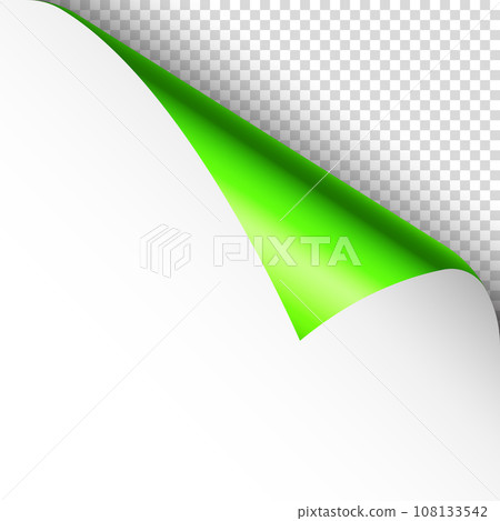 Green paper curl. Curled page corner with shadow. Blank sheet of paper. Colorful shiny foil. Design element for advertising and promotion. Vector illustration. 108133542