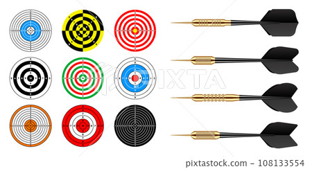 Paper targets with dart arrows. Shooting range round target, divisions, marks and numbers. Gun shooting practise and training, sport competition, hunting. Bullseye and aim. Vector illustration 108133554