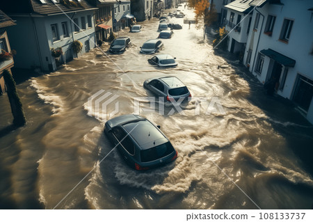 Climate change disaster flood catastrophe concept background - cars in flooded street of European city town 108133737