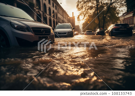 Climate change disaster flood catastrophe concept background - cars in flooded street of European city town Climate change disaster flood catastrophe concept background - cars in flooded street of European city town 108133743