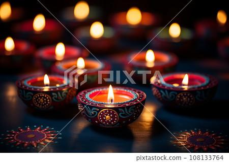 Diwali indian festival of lights background - burning diya lamps on a decorated table close up 108133764