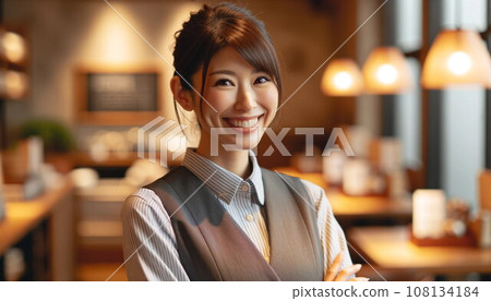 咖啡店服務員微笑著為顧客服務（人工智慧生成） 108134184