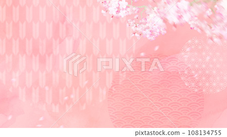 Cute background with cherry blossoms and Japanese pattern 108134755
