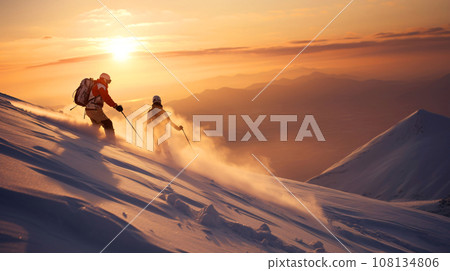 Man and woman skiing, snowy mountain and sun landscape, AI generated image 108134806