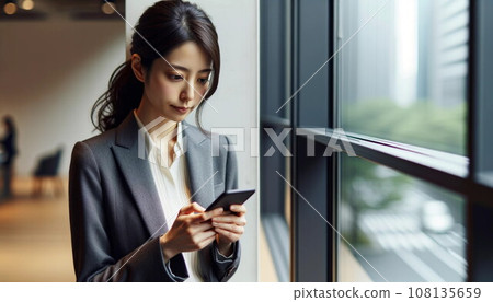 Young woman operating a smartphone (AI generated) 108135659