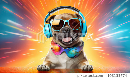 Advertising portrait, banner, cute dog in disco atmosphere with headphones, glasses and open mouth, isolated on colorful background. High quality illustration Advertising portrait, banner, cute dog in disco atmosphere with headphones, glasses and open mouth, isolated on colorful background. High quality illustration 108135774