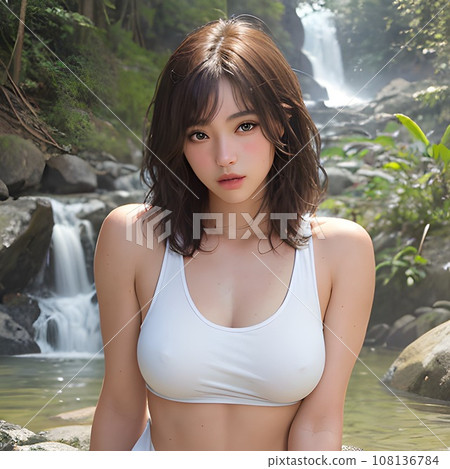 一位穿著白色比基尼的年輕女子在山間溪流中 108136784