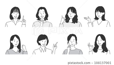 微笑的女人姿勢設置單色插圖 微笑的女人姿勢設置單色插圖 108137001