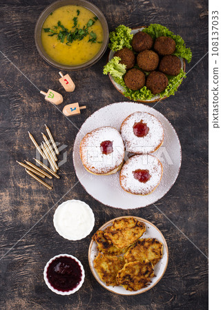 Traditional Jewish holiday Hanukkah food. Traditional Jewish holiday Hanukkah food. 108137033