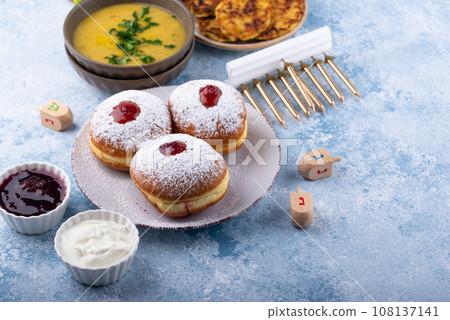 Traditional Jewish holiday Hanukkah food. 108137141