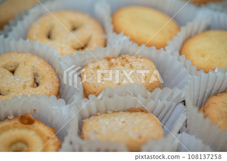 Danish butter cookies sweet tea biscuits in paper packaging 108137258