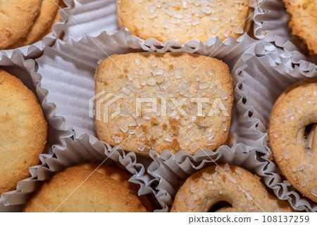 Danish butter cookies sweet tea biscuits in paper packaging 108137259