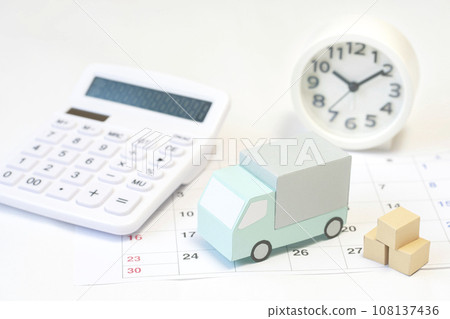 Delivery schedule management, truck, clock, calendar, calculator Delivery schedule management, truck, clock, calendar, calculator 108137436