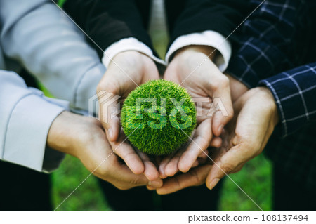 Business team's hands holding green globe with text ESG, environmental, social and corporate governance concepts. Business team's hands holding green globe with text ESG, environmental, social and corporate governance concepts. 108137494