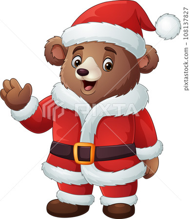 Cartoon bear in santa claus costume waving hand 108137827