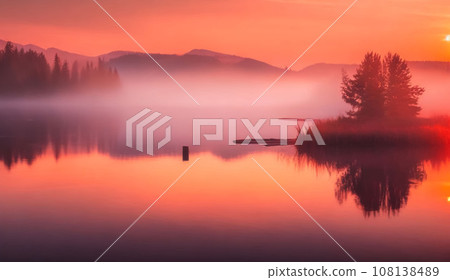 Gorgeous panorama scenic of the strong sunrise with silver lining and cloud on the orange pinky sky 108138489