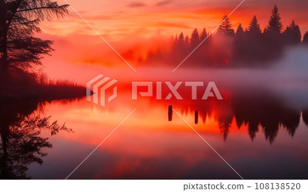 Gorgeous panorama scenic of the strong sunrise with silver lining and cloud on the orange pinky sky 108138520