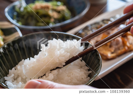 Japanese breakfast. Freshly cooked white rice and grilled mackerel. Japanese breakfast. Freshly cooked white rice and grilled mackerel. 108139360