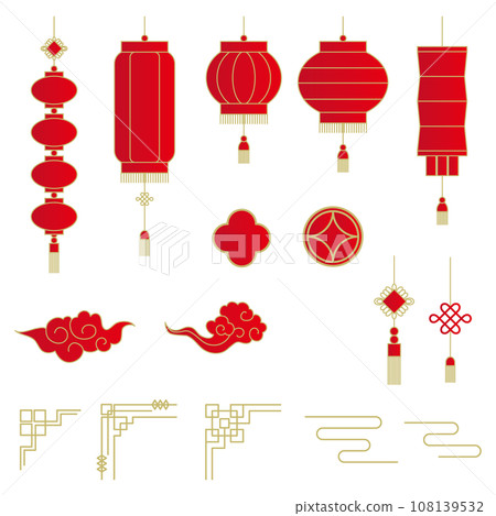 中國風格燈籠、裝飾品和框架部件的向量插圖集 108139532
