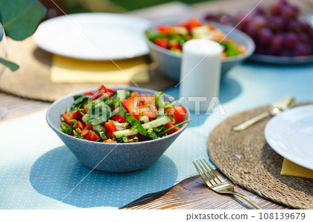 Delicious fresh vegetable salad. Preparing meals, refreshments for garden party. Outdoor grill, BBQ party. Delicious fresh vegetable salad. Preparing meals, refreshments for garden party. Outdoor grill, BBQ party. 108139679