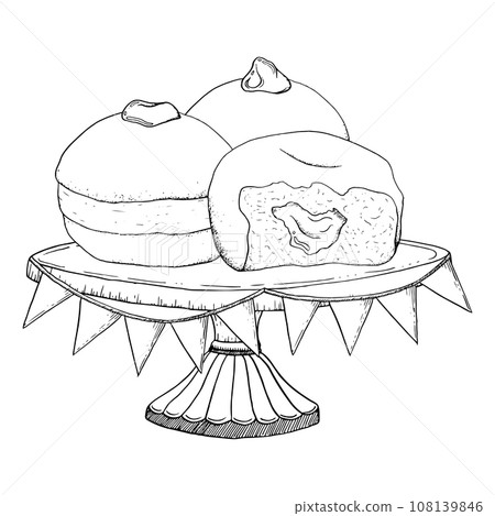 Vector Hanukkah donuts on cake stand with festive holiday party flags black and white illustration for greeting card. Jewish traditional dessert 108139846