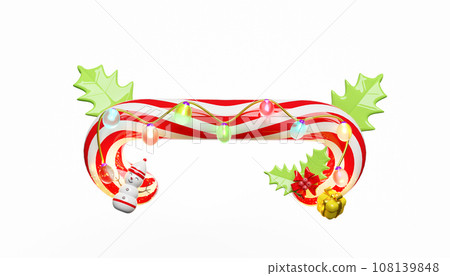 candy cane with red bow, holly berry leaves, glass transparent lamp. merry christmas and happy new year, 3d render illustration 108139848