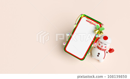 3d mobile phone, smartphone with snowman, Jingle bell, holly berry leaves, glass transparent lamp, party banner. merry christmas and happy new year, online shopping, 3d render illustration 108139850