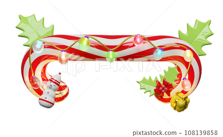 candy cane with red bow, holly berry leaves, glass transparent lamp. merry christmas and happy new year, 3d render illustration 108139858