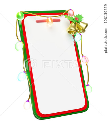 3d mobile phone, smartphone with Jingle bell, holly berry leaves, glass transparent lamp, party banner. merry christmas and happy new year, online shopping, 3d render illustration 3d mobile phone, smartphone with Jingle bell, holly berry leaves, glass transparent lamp, party banner. merry christmas and happy new year, online shopping, 3d render illustration 108139859