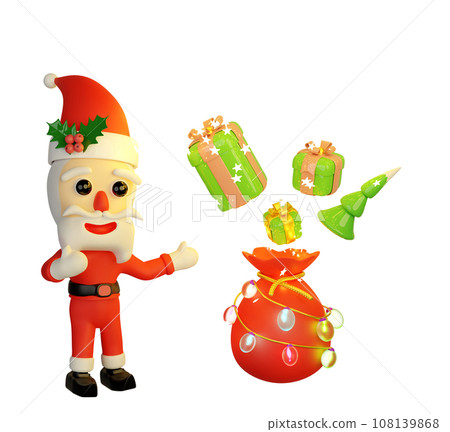 Santa Claus with glowing stars, magic bag, christmas tree, holly berry leaves, gift box, hat, glass transparent lamp garlands. merry christmas and happy new year, 3d render illustration Santa Claus with glowing stars, magic bag, christmas tree, holly berry leaves, gift box, hat, glass transparent lamp garlands. merry christmas and happy new year, 3d render illustration 108139868