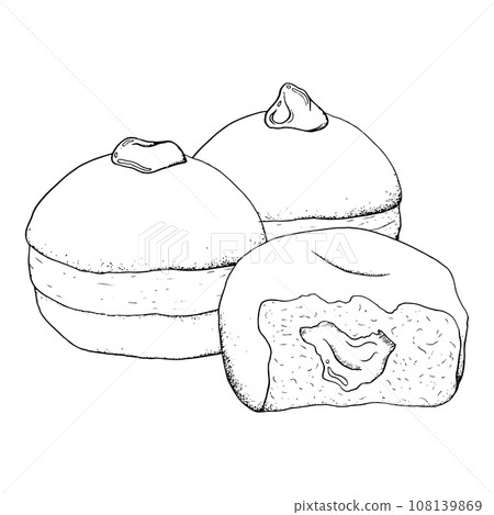 Donuts for Jewish Hanukkah holiday black and white vector illustration. Hand drawn sufganiyot doughnuts with strawberry jam and jelly Donuts for Jewish Hanukkah holiday black and white vector illustration. Hand drawn sufganiyot doughnuts with strawberry jam and jelly 108139869