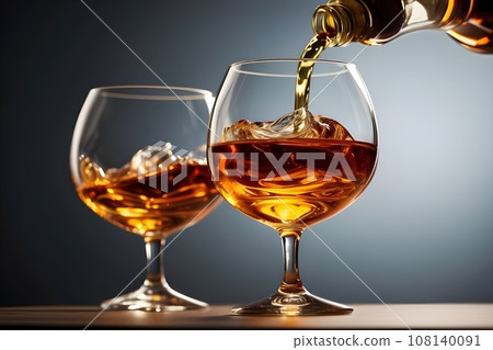 Cognac or brandy is poured into a glass on the bar counter. 108140091