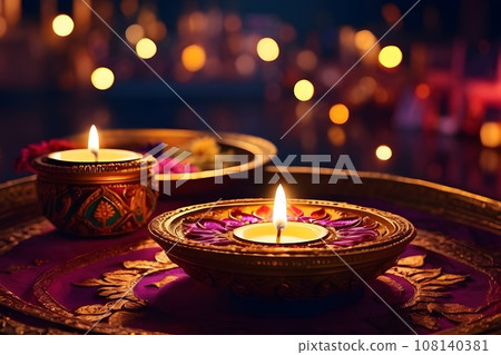 Beautiful diwali diya with burning candles on dark background 108140381