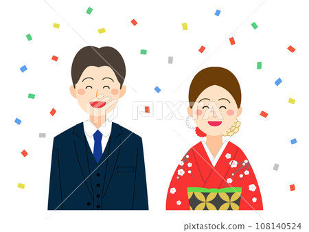 一對穿著西裝和和服的男女在五彩紙屑中微笑 108140524