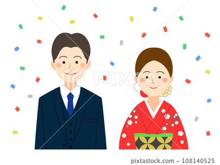 一對穿著西裝和和服的男女在五彩紙屑中微笑 108140525