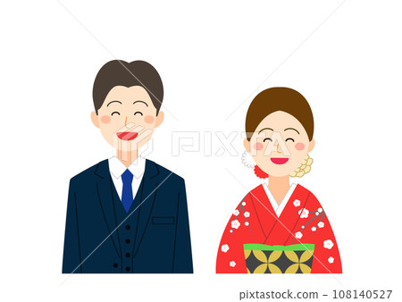 穿著西裝和和服的微笑的男女夫婦 108140527