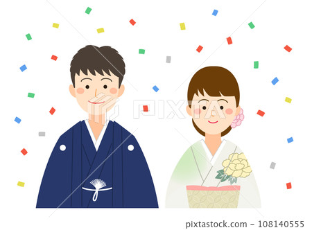 穿著鳳頭袴和和服的一對男女在五彩紙屑中微笑 108140555