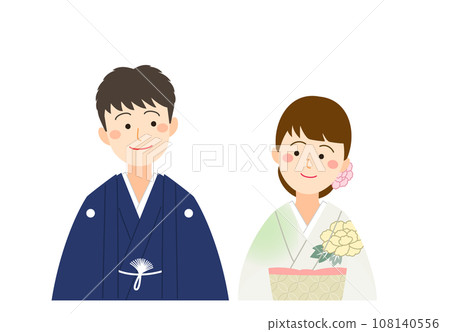 A man and woman couple in crested hakama and kimono looking at each other 108140556