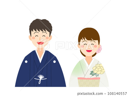 Smiling male and female couple in crested hakama and kimono 108140557