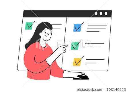 Person choosing answers in online test, quiz interface on screen, vector illustration of checkboxes, checkmarks, cartoon woman passing internet exam on computer, leaving feedback in customer research Person choosing answers in online test, quiz interface on screen, vector illustration of checkboxes, checkmarks, cartoon woman passing internet exam on computer, leaving feedback in customer research 108140623