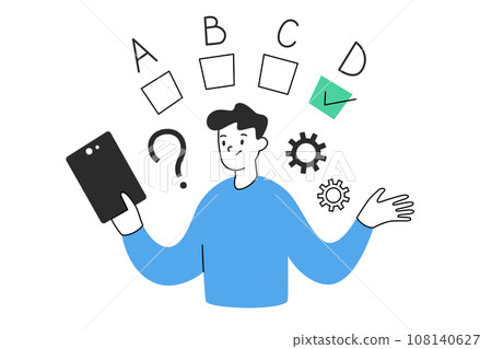 Person passing online test on tablet, hand drawn composition with checkboxes, checkmarks, vector illustration of thinking process, man choosing answers on tablet, colored clipart on white background 108140627