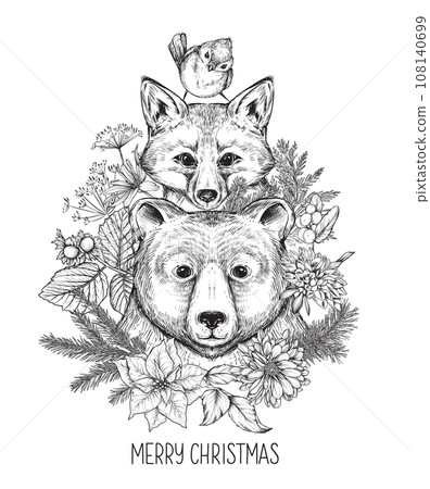 Christmas card with hand drawn funny bear, fox and bird with winter floral wreath. Vector illustration in sketch style. Christmas card with hand drawn funny bear, fox and bird with winter floral wreath. Vector illustration in sketch style. 108140699