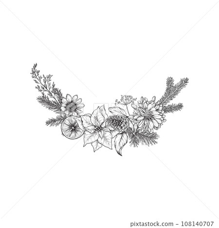 Vector illustration of winter floral wreath with flowers, plants, spruce and pine branches and pine cones for Christmas cards. 108140707