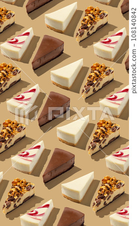 Piece slice assorted cheesecakes pattern on yellow background 108140842