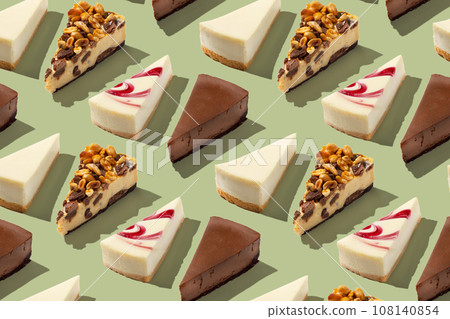 Piece slice assorted cheesecakes pattern on green background 108140854
