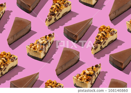 Piece slice assorted cheesecakes pattern on pink background 108140860