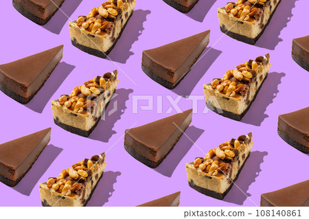Piece slice assorted cheesecakes pattern on purple background 108140861