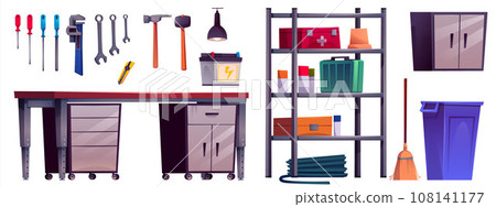 Garage workshop room cartoon interior vector set 108141177